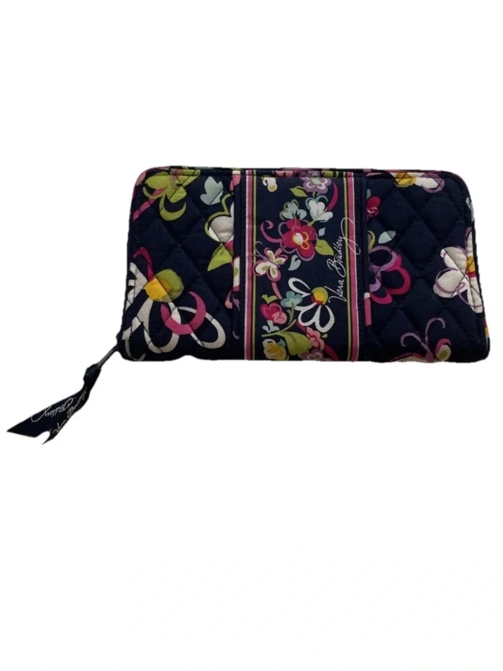 Vera Bradley Ribbons Accordion Wallet Zip Around Closure Navy Blue Background - Picture 9 of 9